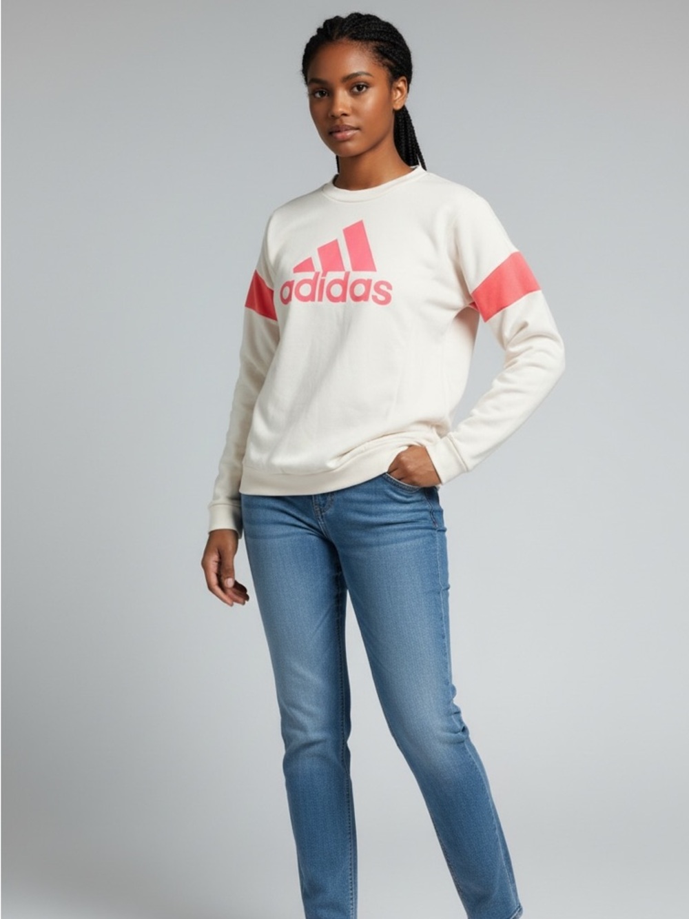 adidas White Crewneck Sweatshirt with Pink Logo & Sleeve Stripes